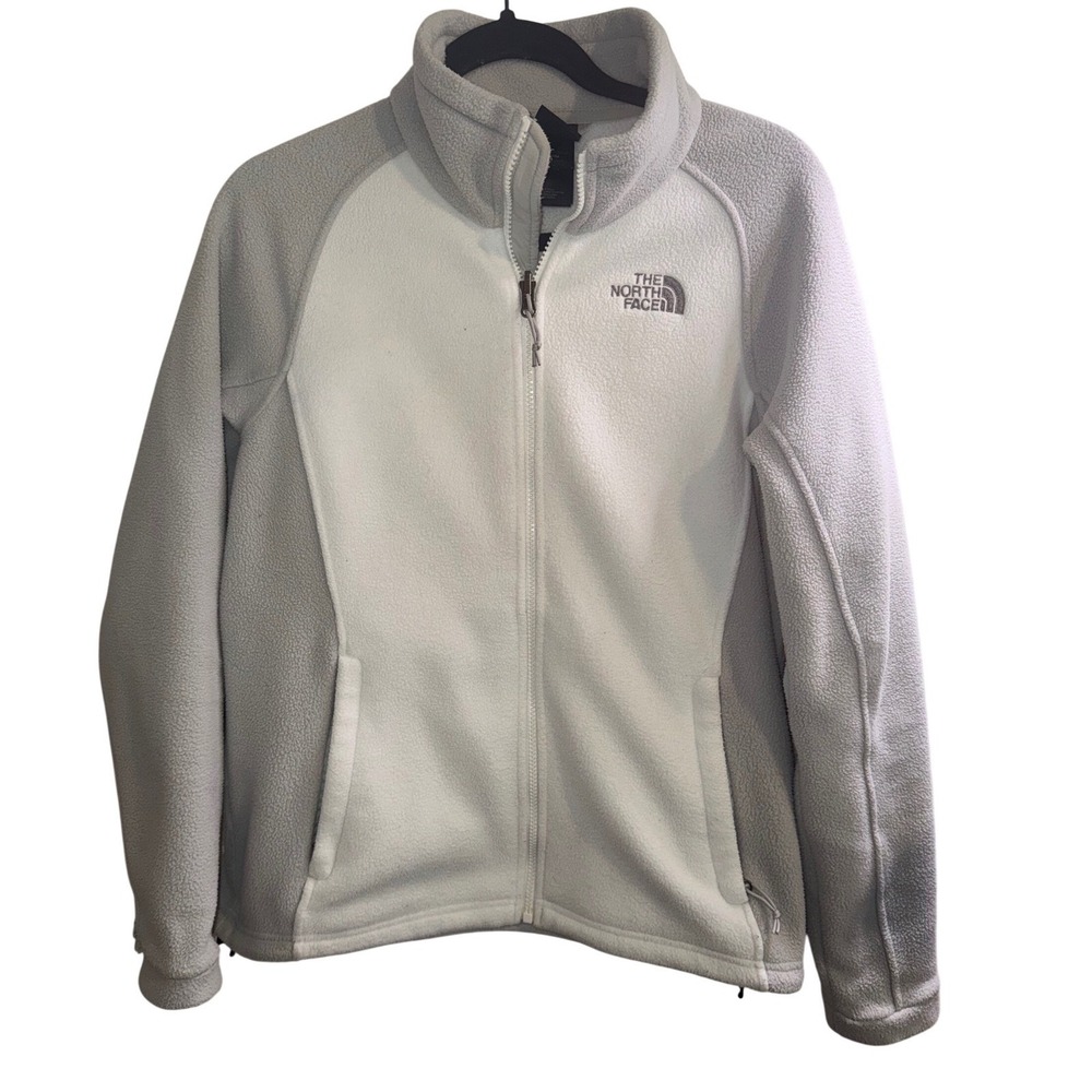 The North Face Womens M Khumbu Fleece Jacket White Grey Full Zip Outdoor Hiking